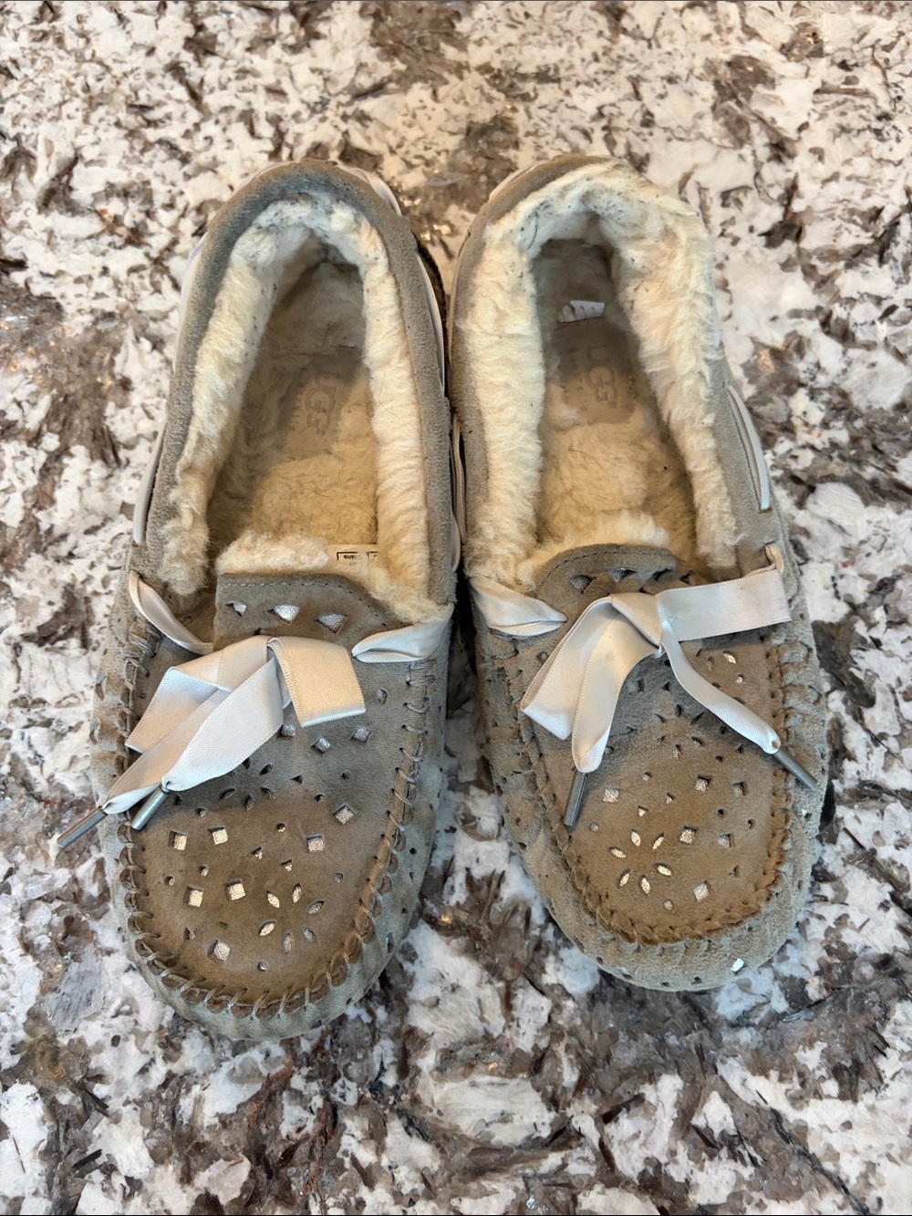 UGG Women's Gray Suede Moccasin Slippers with Cream Fur Lining